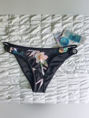 Black Bikini Bottom with Tropical Floral Pattern - 50+ UPF